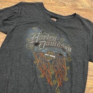 Harley Davidson Shirt Womens L‎ Gray Flowy Flames Studded Riding Biker Edgy Moto